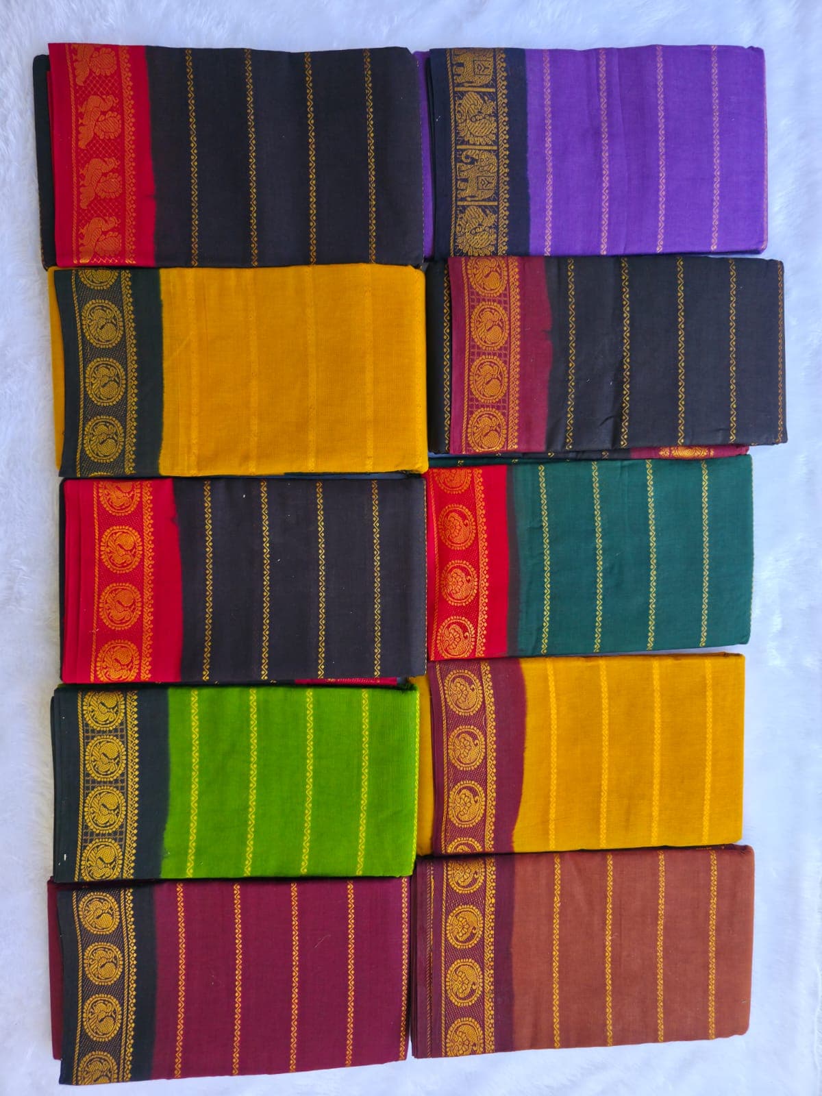 Ivory cotton saree with multicolour stripe border