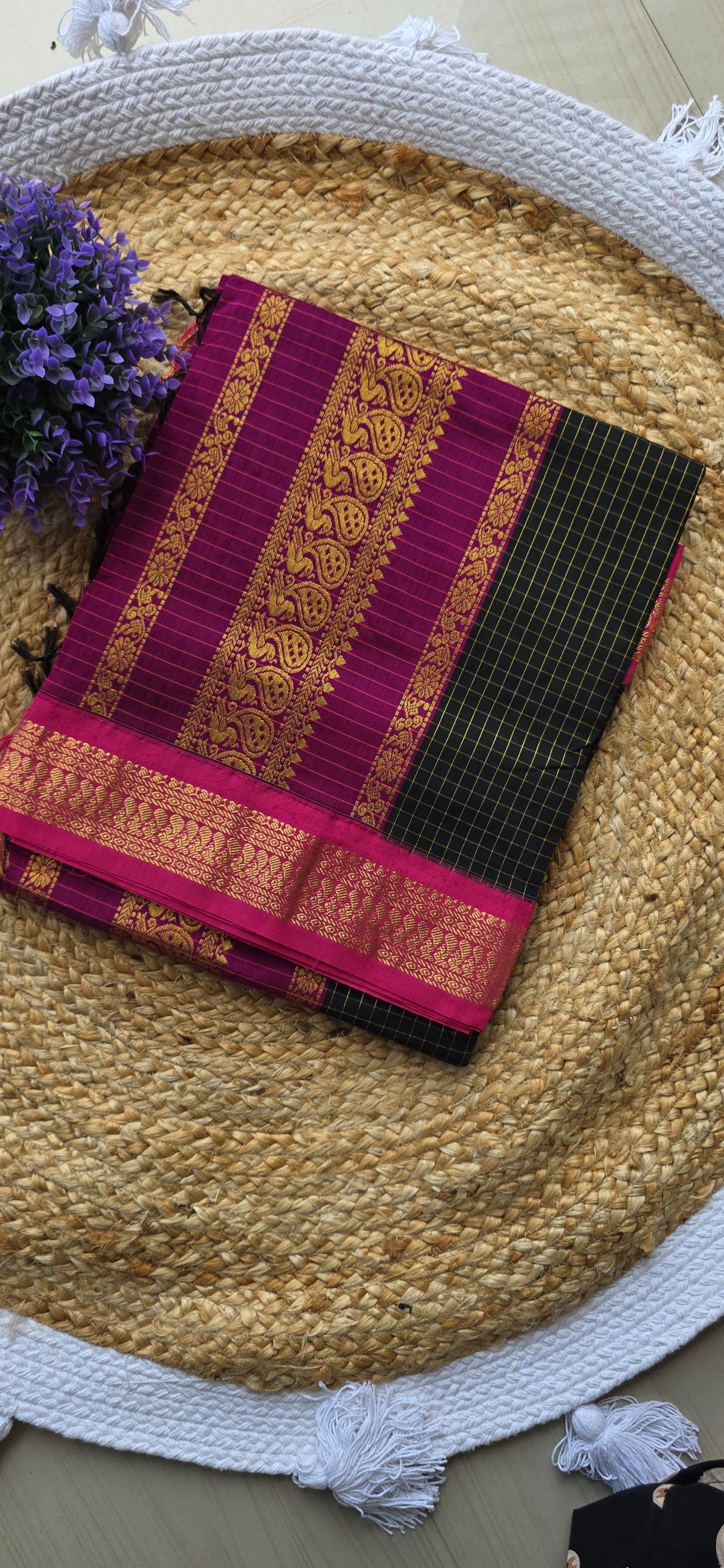 Kalyani Cotton Saree — Purple & Beige