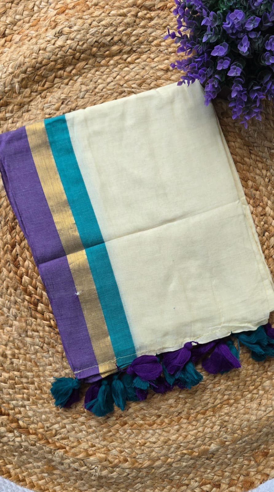 Mul Cotton Saree — Cream with Purple & Teal