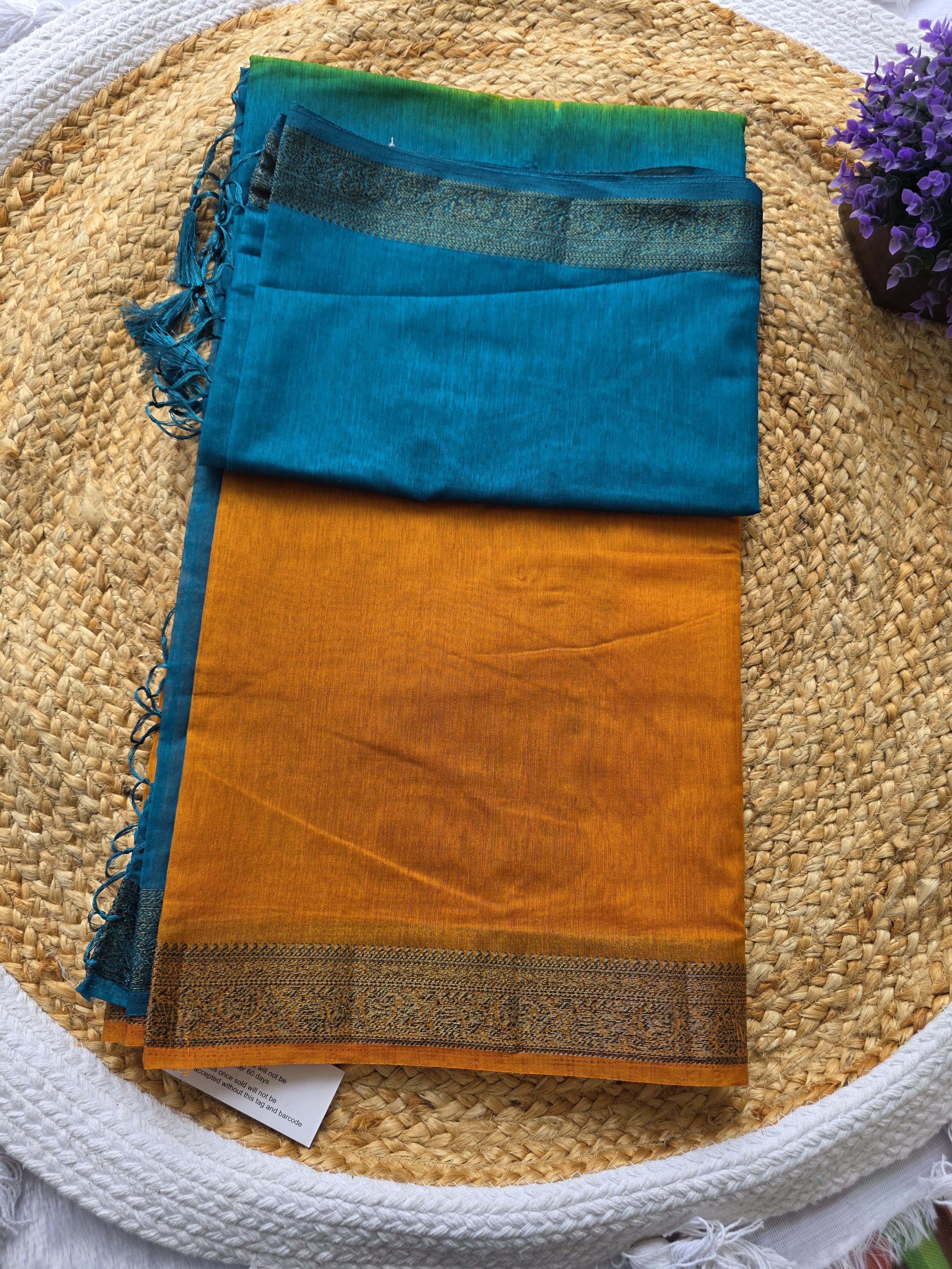 Jute Silk Saree — Teal Blue & Mustard