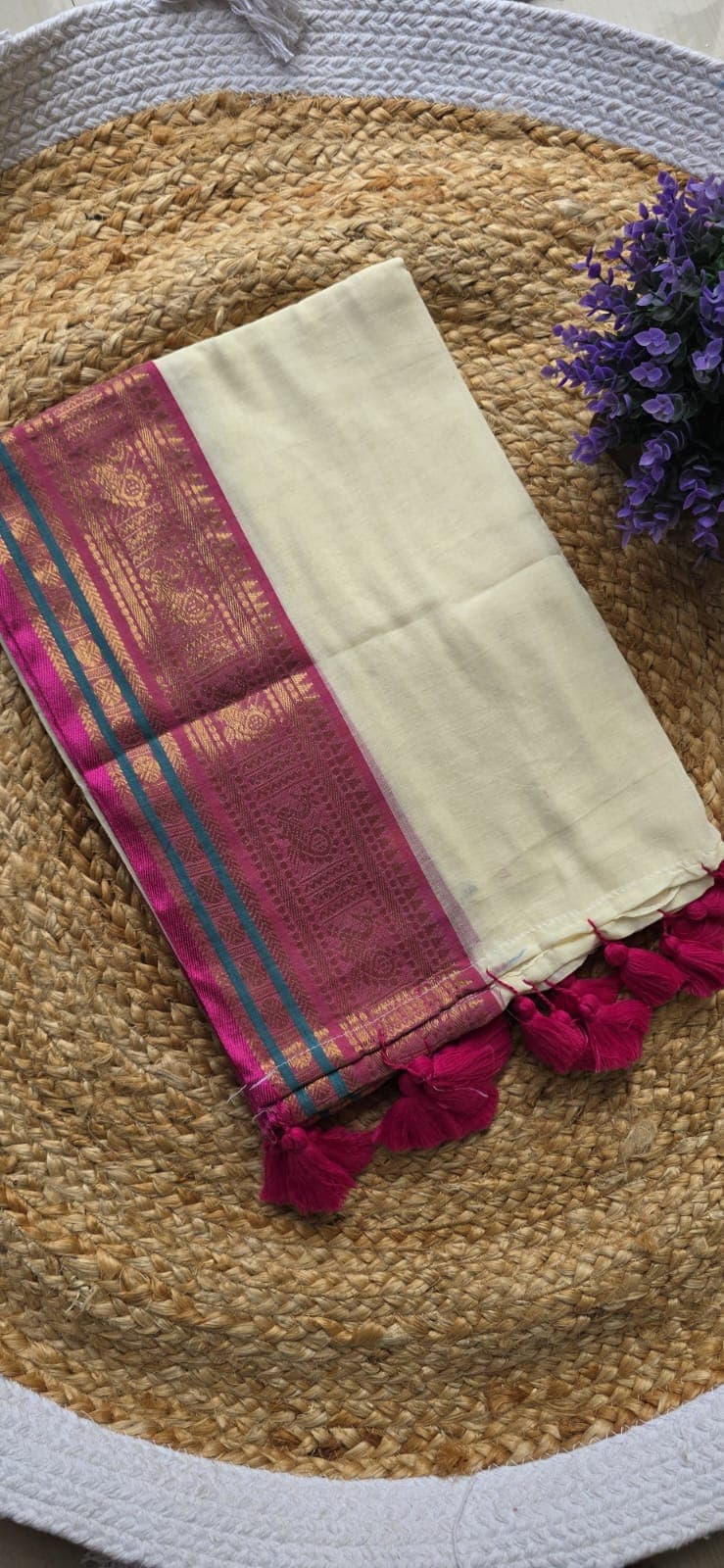Mul Cotton Saree — Cream & Magenta Zari
