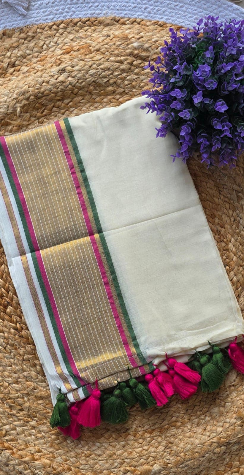 Mul Cotton Saree — Cream with Pink & Green