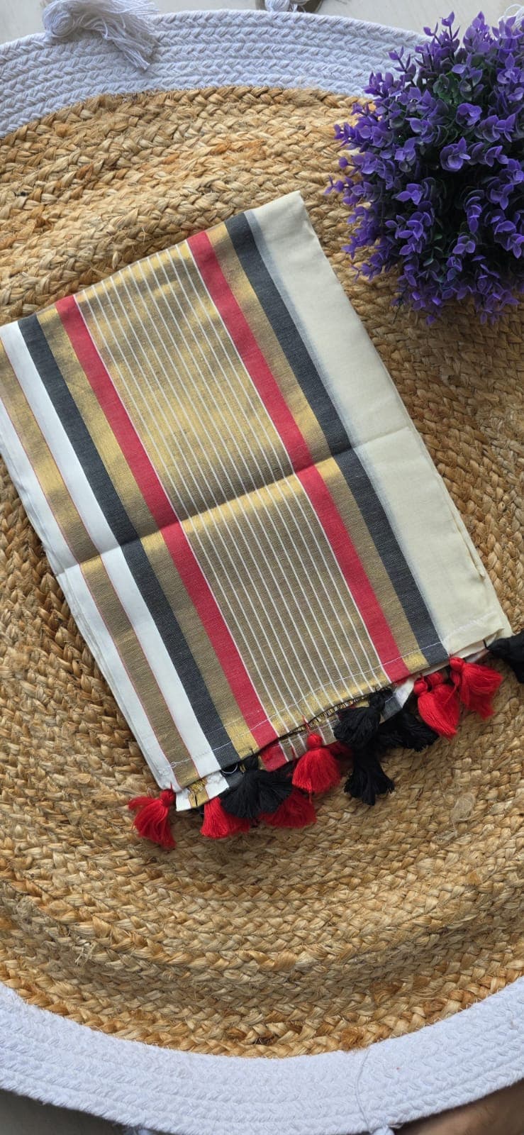 Mul Cotton Saree — Cream with Black & Red
